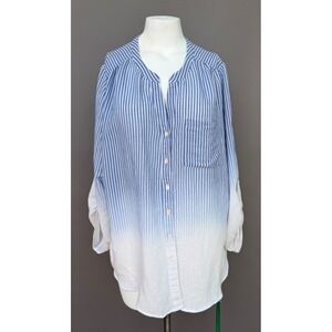 Good Days Blouse 2x Ombre Blue & White Button Front Split Neckline Long Roll Tab